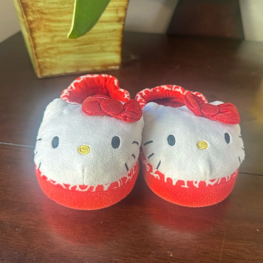 Hello Kitty Red and White Plush Kids Slippers with Bow